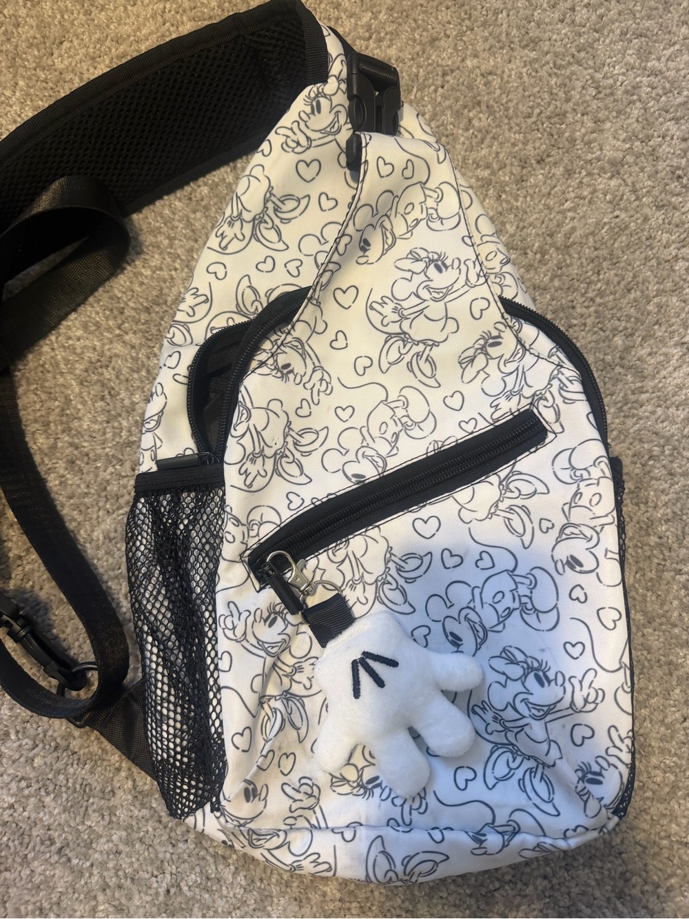 White Cartoon-Print Crossbody Sling Bag with Plush Charm